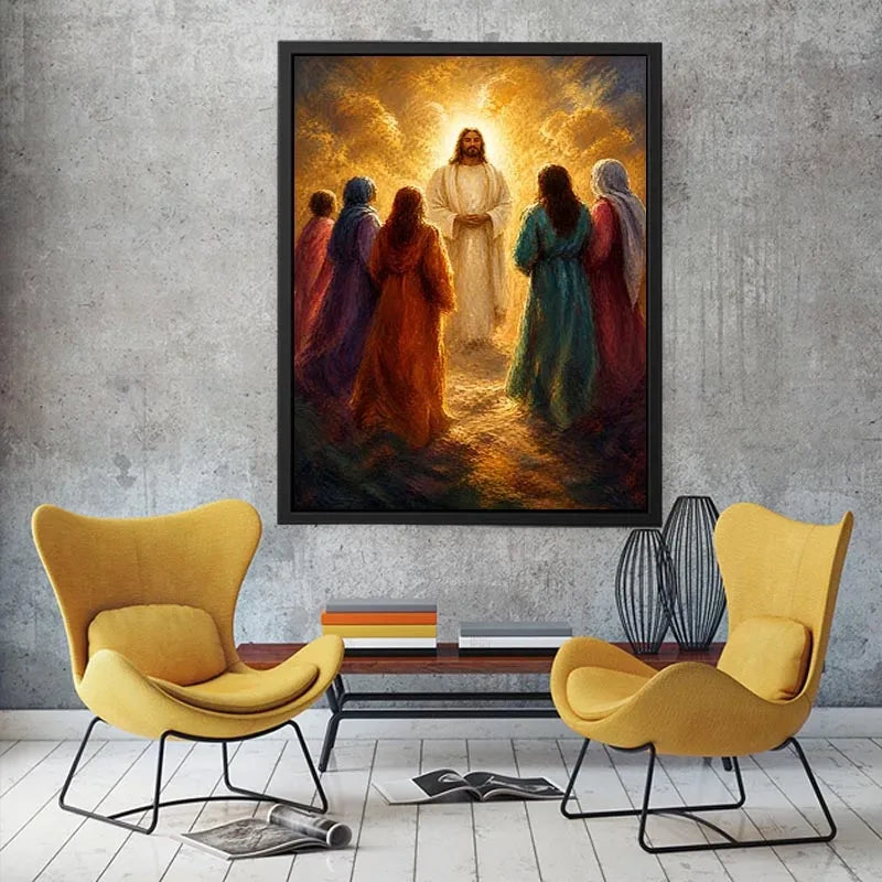 Light Among Believers Jesus surrounded by followers in radiant golden light Christian spiritual wall art canvas premium canva