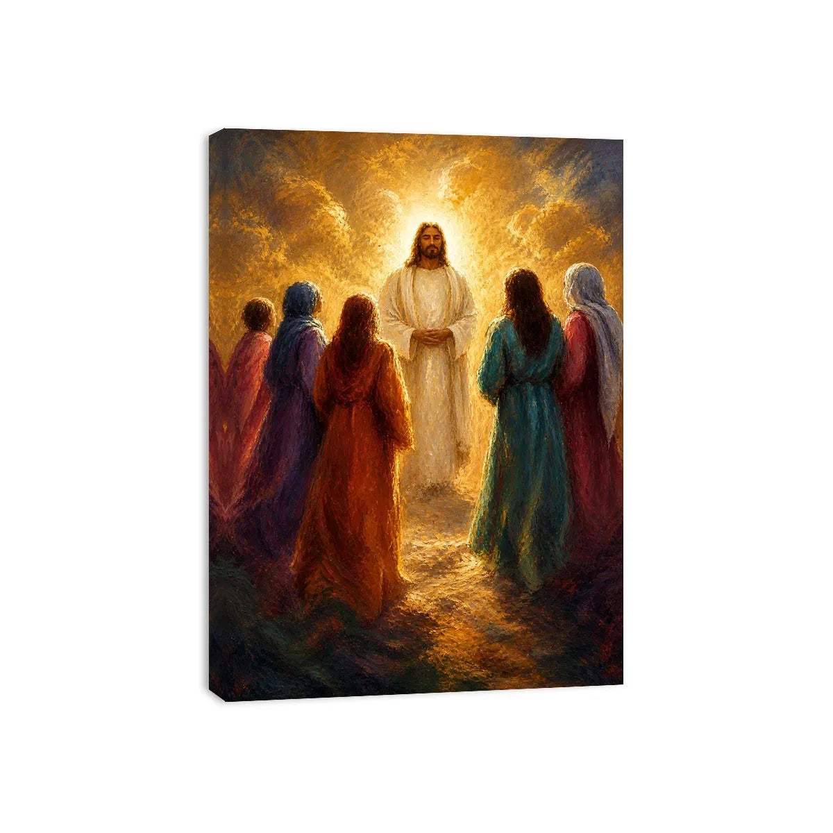 Light Among Believers Jesus surrounded by followers in radiant golden light Christian spiritual wall art canvas premium canva