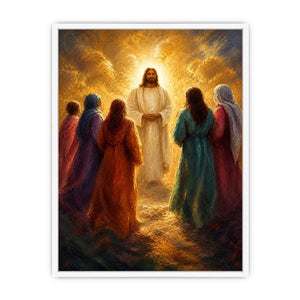 Light Among Believers Jesus surrounded by followers in radiant golden light Christian spiritual wall art canvas premium canva
