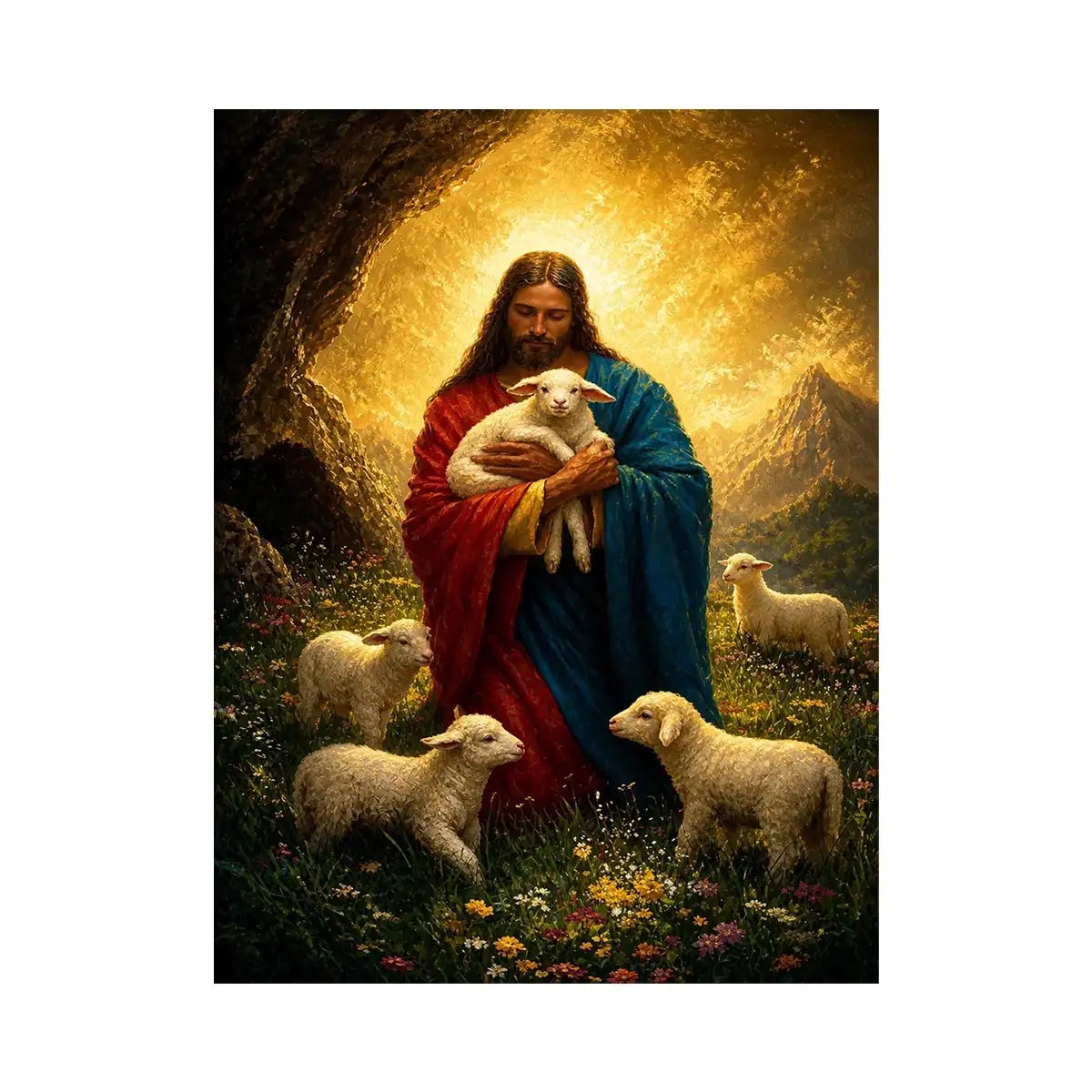 Shepherd of Eternal Light Jesus holding lamb surrounded by sheep in glowing mountain landscape Christian wall art canvas prem