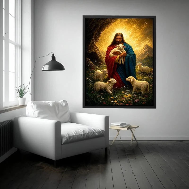 Shepherd of Eternal Light Jesus holding lamb surrounded by sheep in glowing mountain landscape Christian wall art canvas prem