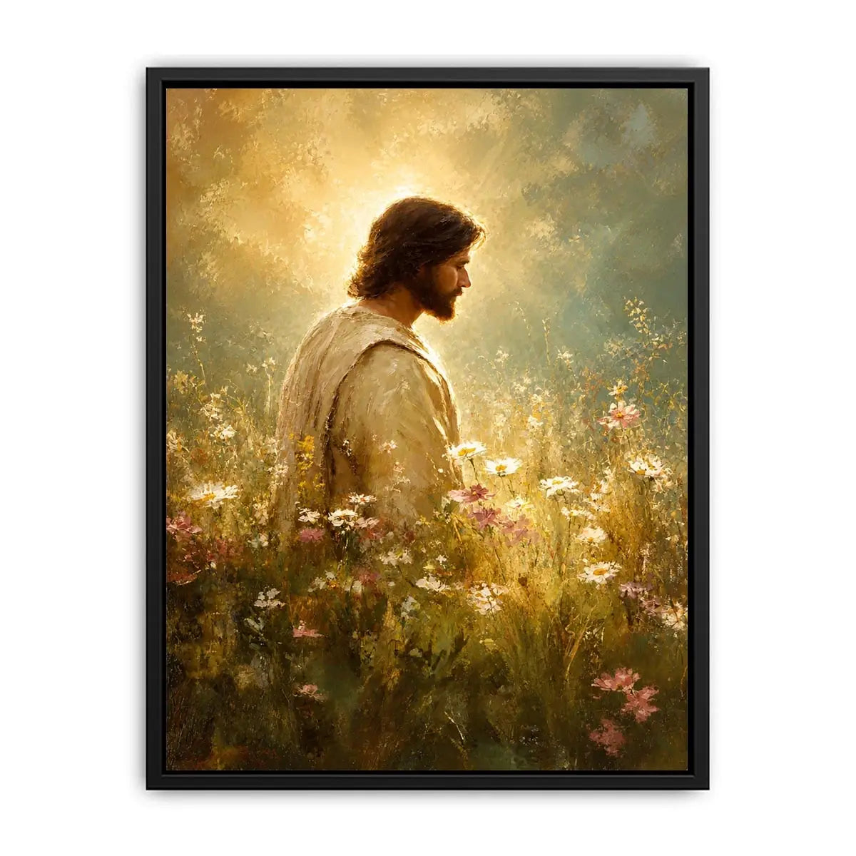 Jesus standing in glowing wildflower meadow with heavenly light Christian wall art canvas