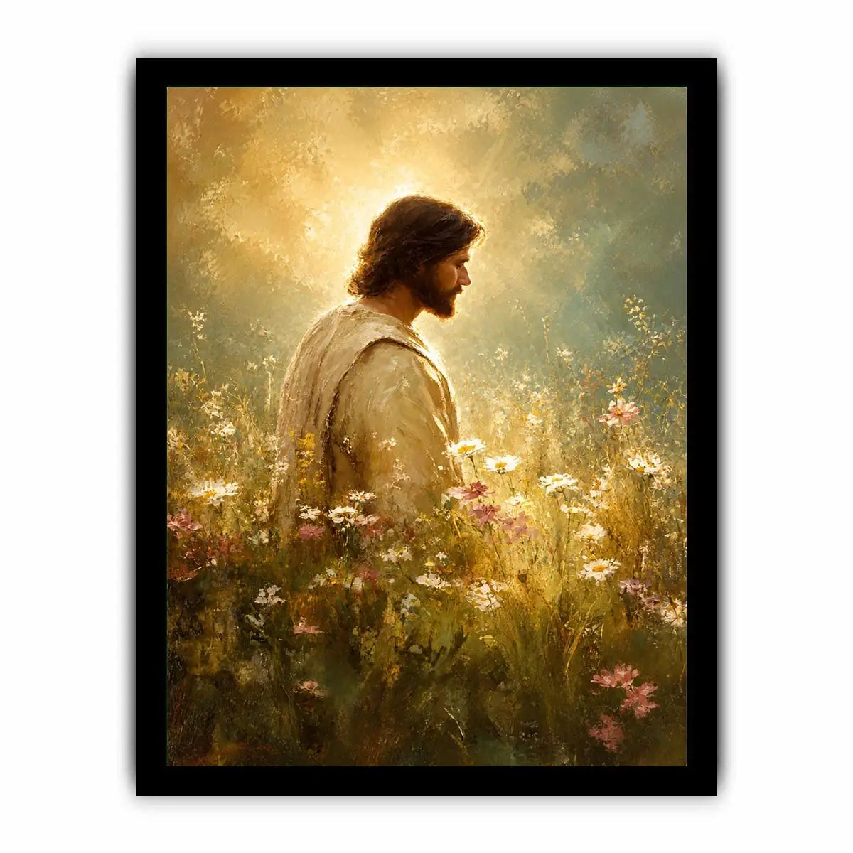 Jesus standing in glowing wildflower meadow with heavenly light Christian wall art canvas