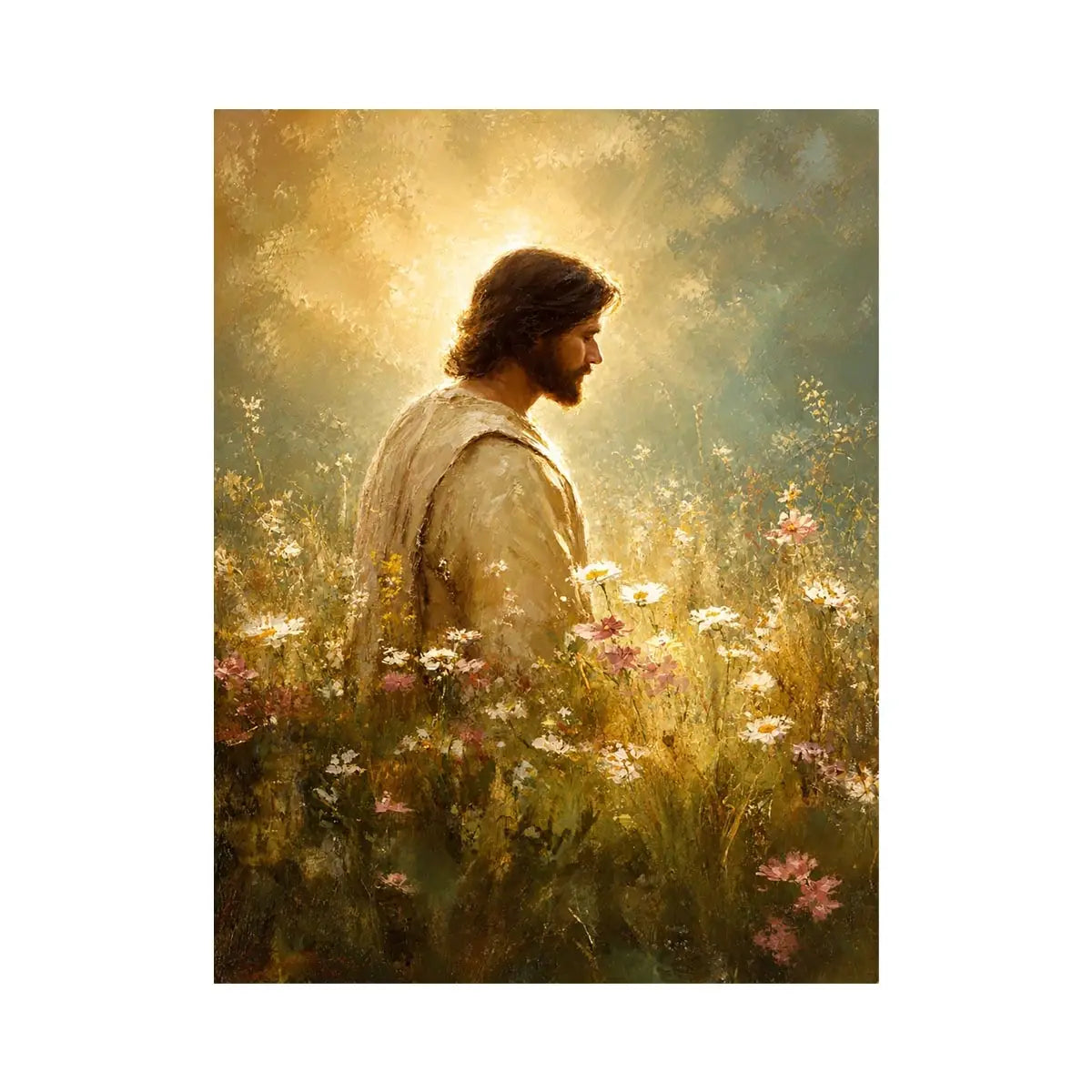 Whispers of Grace Jesus standing in glowing wildflower meadow with heavenly light Christian wall art canvas premium canvas wa