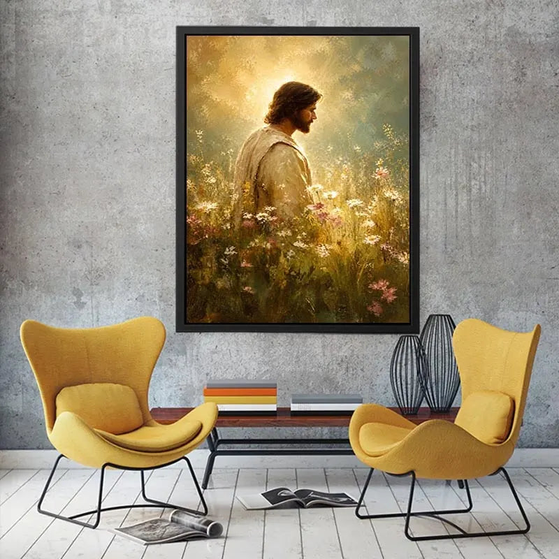 Jesus standing in glowing wildflower meadow with heavenly light Christian wall art canvas