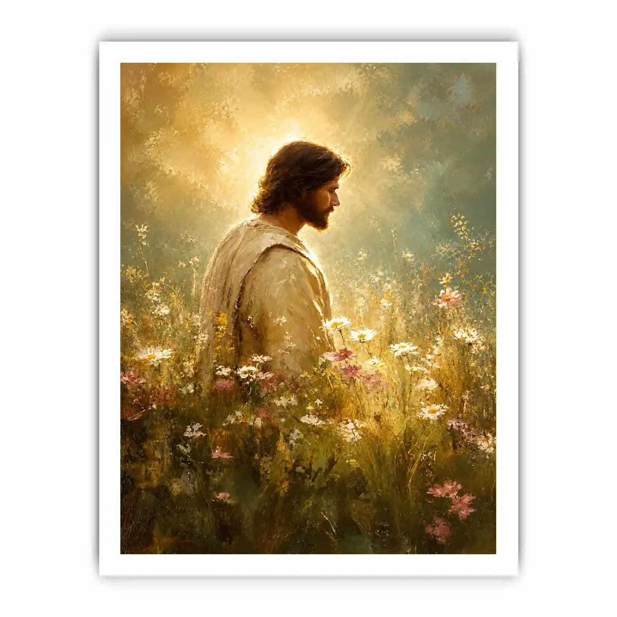 Jesus standing in glowing wildflower meadow with heavenly light Christian wall art canvas