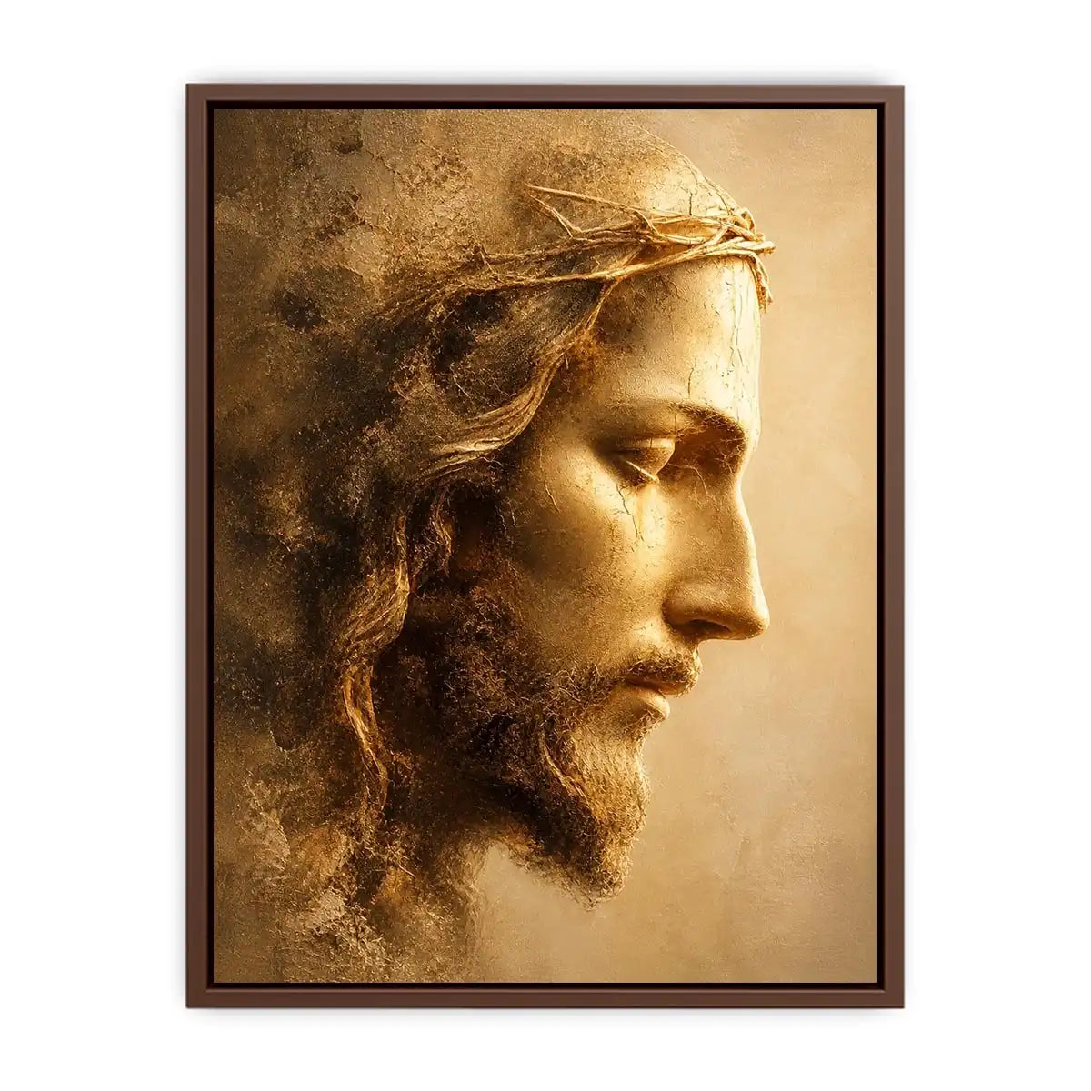 Close up portrait of Jesus with crown of thorns in golden light Christian wall art canvas