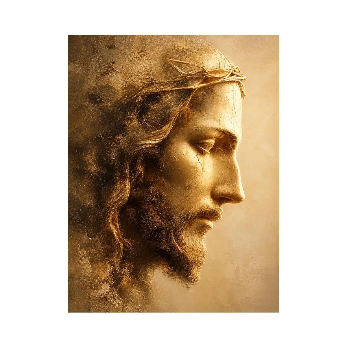 Crown of Eternal Grace Close up portrait of Jesus with crown of thorns in golden light Christian wall art canvas premium canv