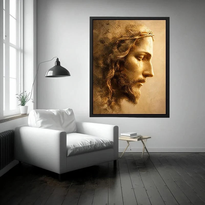 Crown of Eternal Grace Close up portrait of Jesus with crown of thorns in golden light Christian wall art canvas premium canv