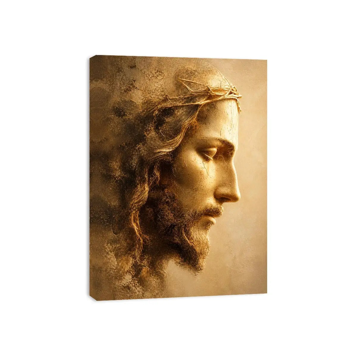 Close up portrait of Jesus with crown of thorns in golden light Christian wall art canvas