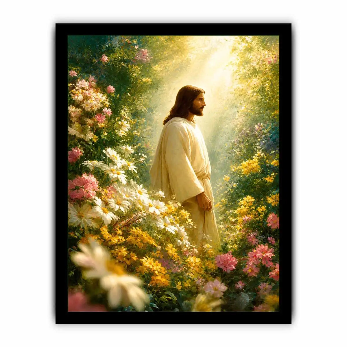 Jesus standing in blooming flower garden with heavenly light Christian wall art canvas