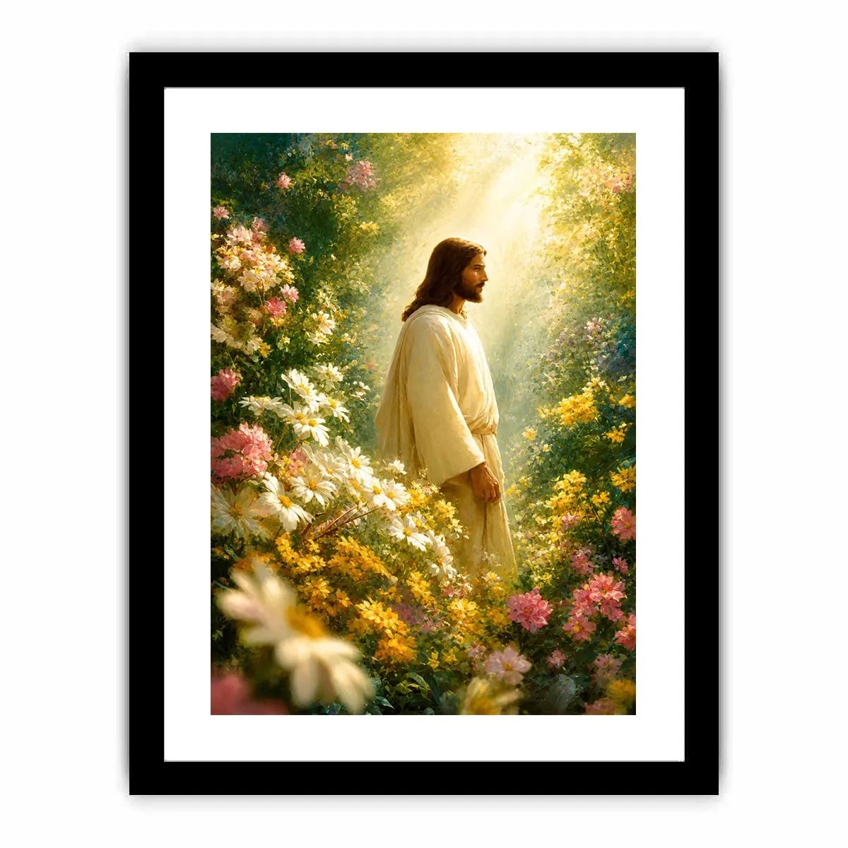 Jesus standing in blooming flower garden with heavenly light Christian wall art canvas