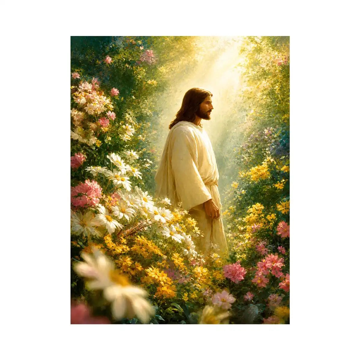 Garden of Divine Peace Jesus standing in blooming flower garden with heavenly light Christian wall art canvas premium canvas