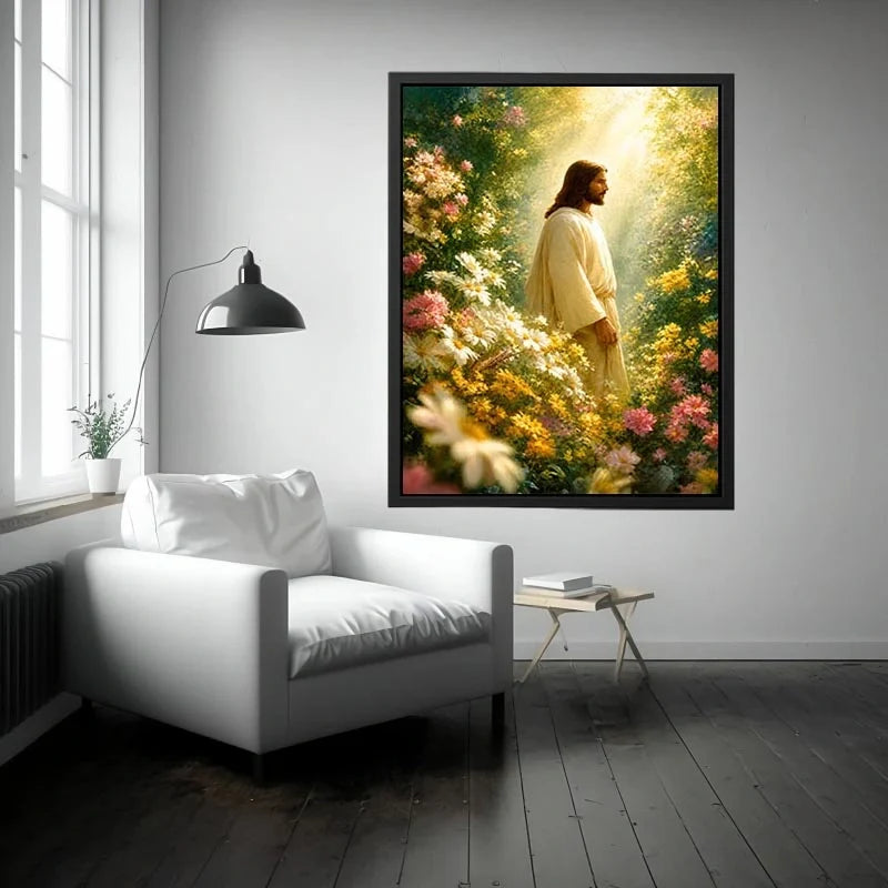 Garden of Divine Peace Jesus standing in blooming flower garden with heavenly light Christian wall art canvas premium canvas