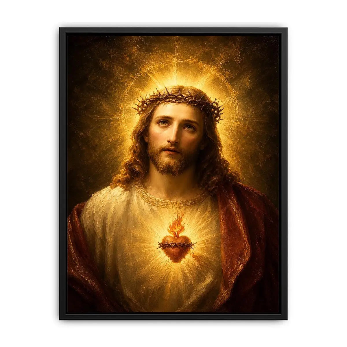 Sacred Heart Jesus portrait wall art with glowing halo and golden spiritual light canvas painting