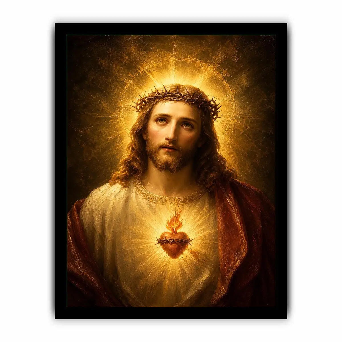 Sacred Heart Jesus portrait wall art with glowing halo and golden spiritual light canvas painting