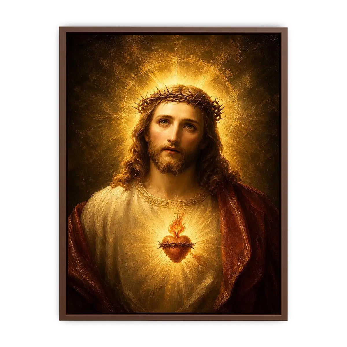 Sacred Heart Jesus portrait wall art with glowing halo and golden spiritual light canvas painting