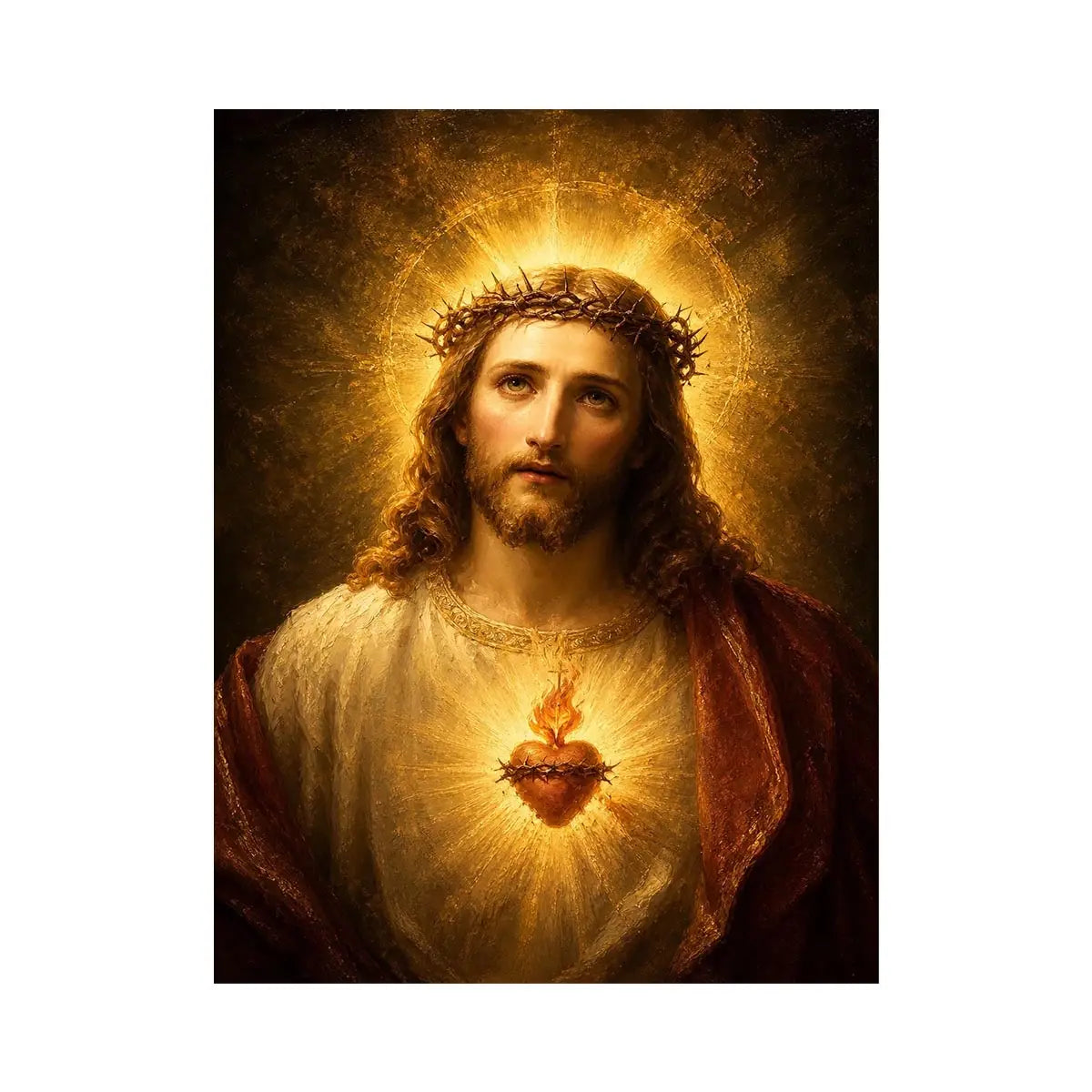 Sacred Heart of Eternal Light Sacred Heart Jesus portrait wall art with glowing halo and golden spiritual light canvas painti