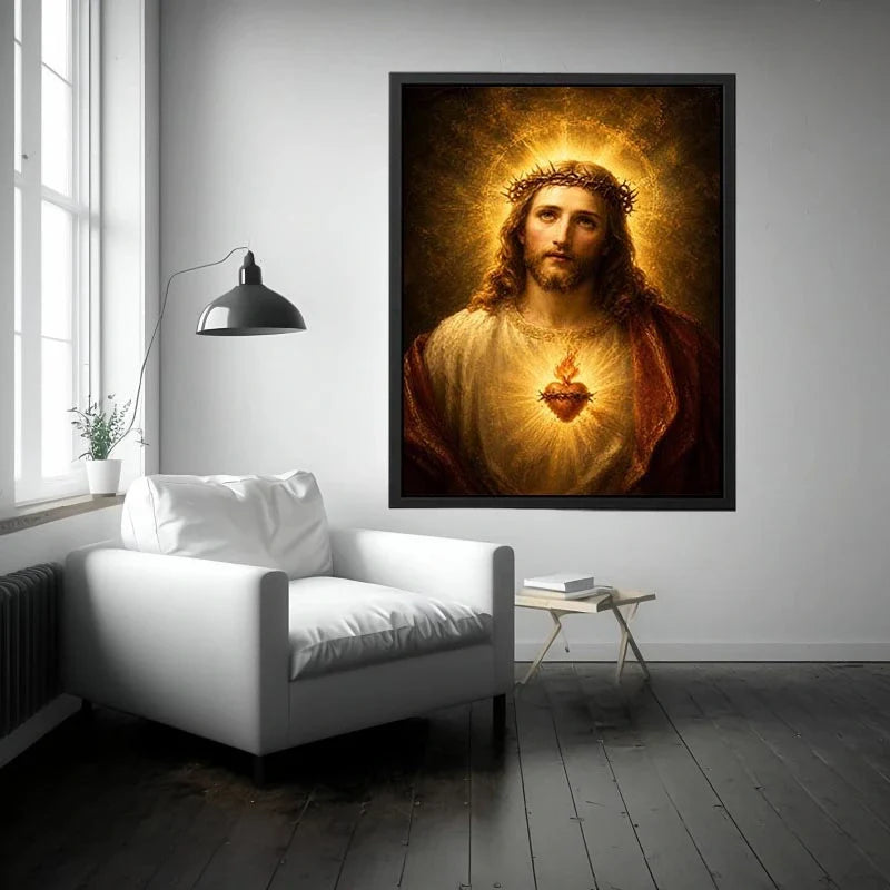 Sacred Heart of Eternal Light Sacred Heart Jesus portrait wall art with glowing halo and golden spiritual light canvas painti