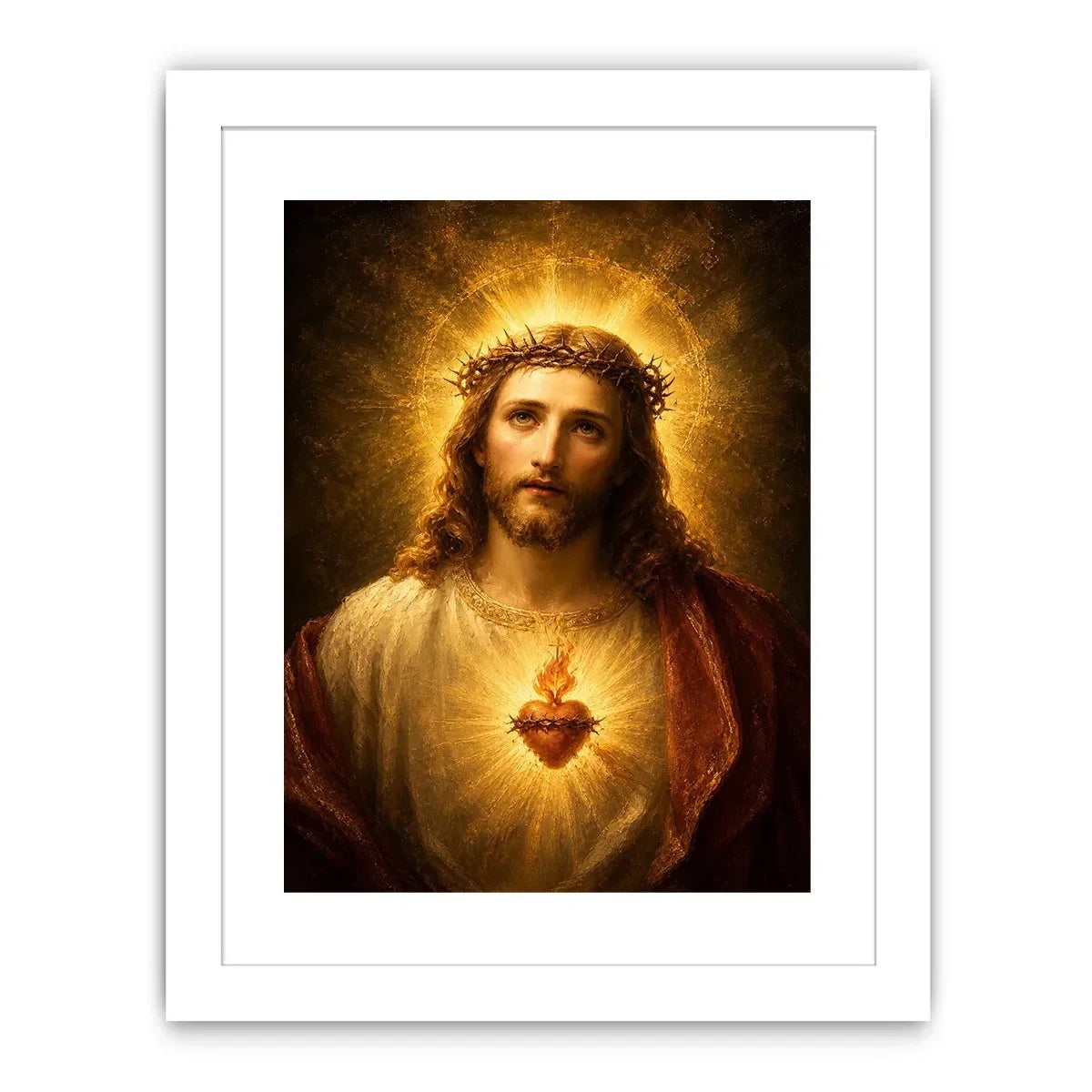 Sacred Heart Jesus portrait wall art with glowing halo and golden spiritual light canvas painting