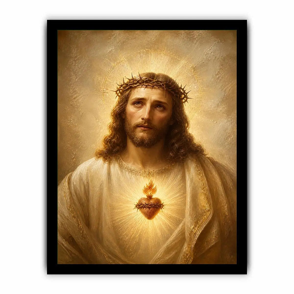 Jesus Sacred Heart portrait canvas wall art with glowing halo and golden renaissance style painting