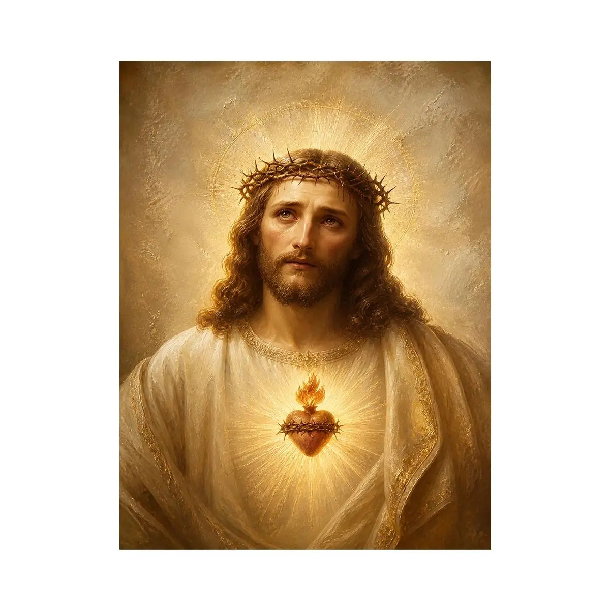 Divine Heart of Grace Jesus Sacred Heart portrait canvas wall art with glowing halo and golden renaissance style painting pre