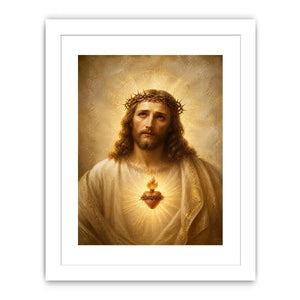 Jesus Sacred Heart portrait canvas wall art with glowing halo and golden renaissance style painting