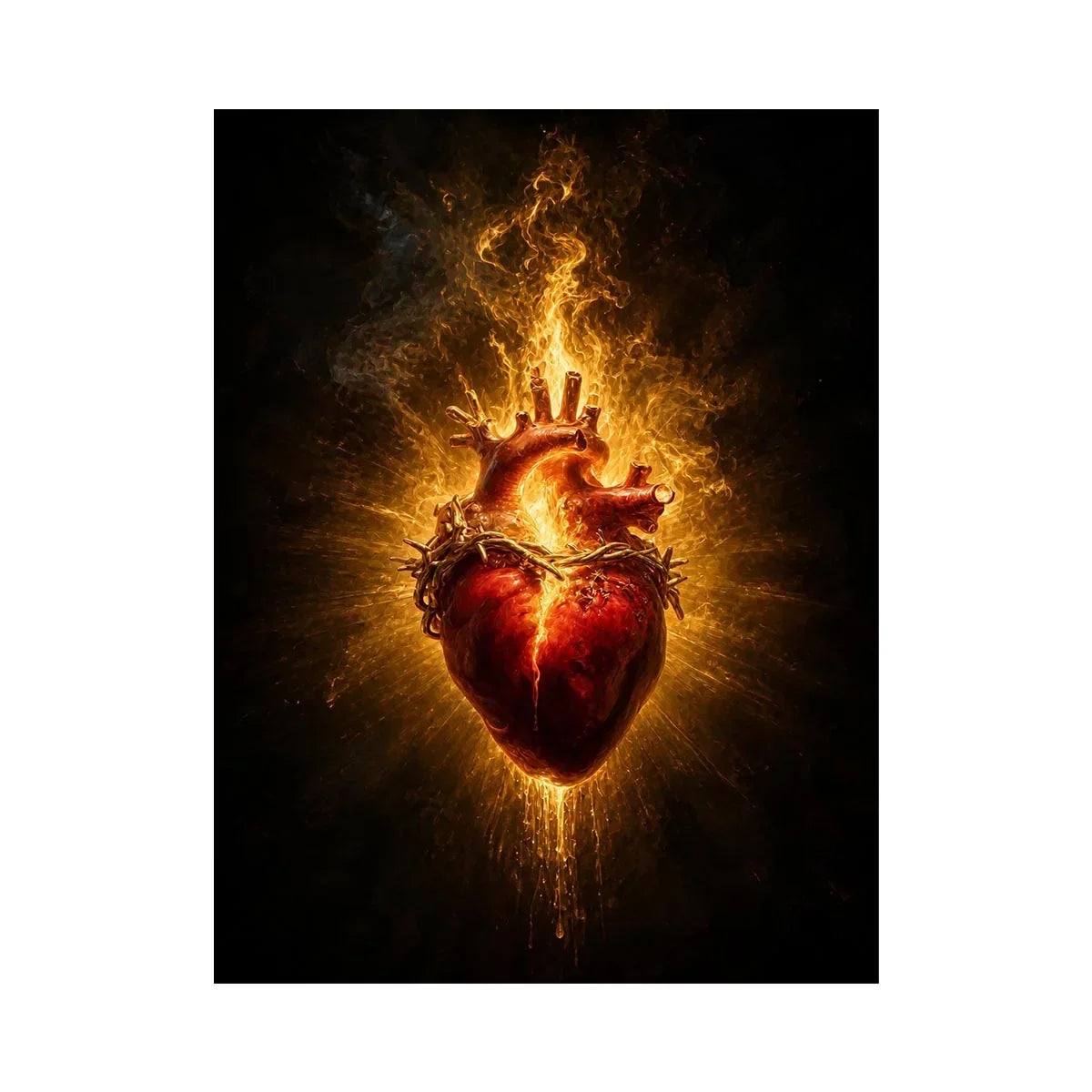 Inferno Sacred Heart Burning sacred heart wall art with crown of thorns and glowing golden flames on dark background premium