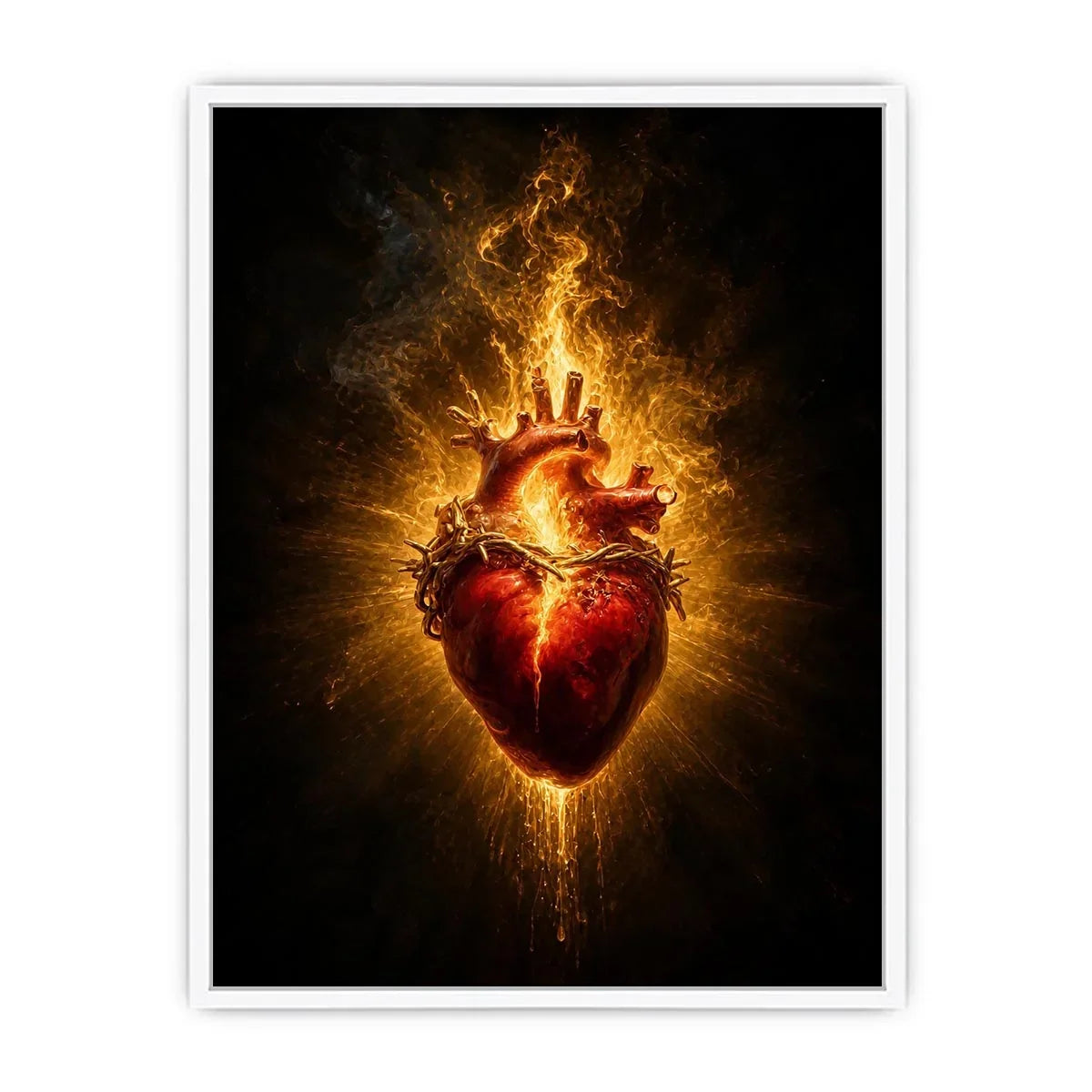 Burning sacred heart wall art with crown of thorns and glowing golden flames on dark background