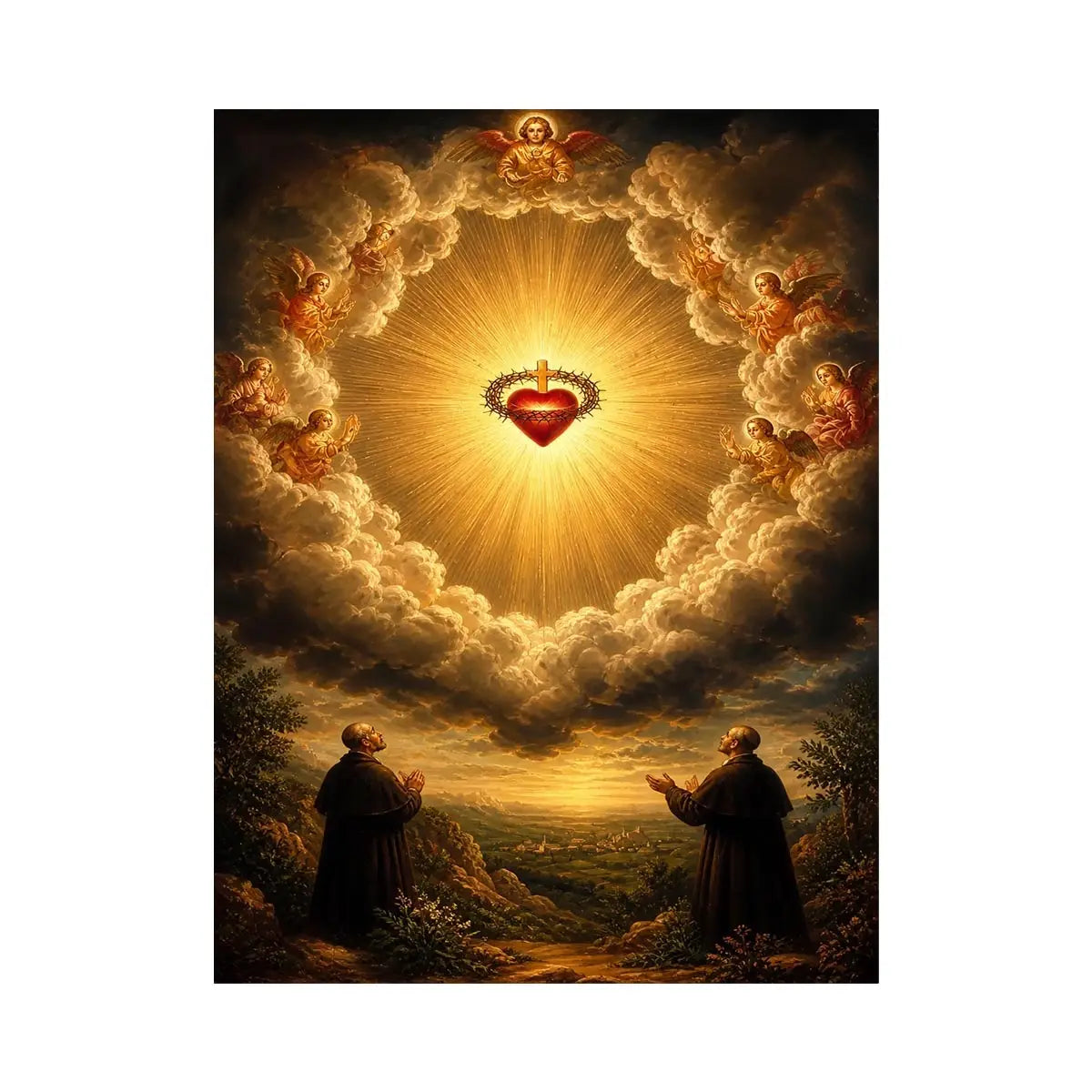 Sacred Heart of Divine Glory Sacred Heart of Jesus surrounded by angels in radiant heavenly clouds with glowing divine light
