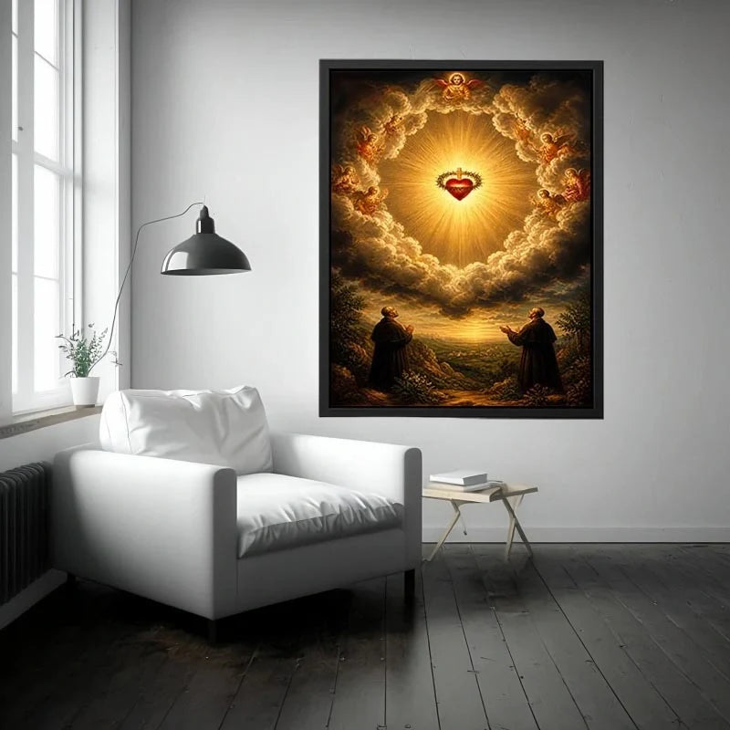 Sacred Heart of Divine Glory Sacred Heart of Jesus surrounded by angels in radiant heavenly clouds with glowing divine light