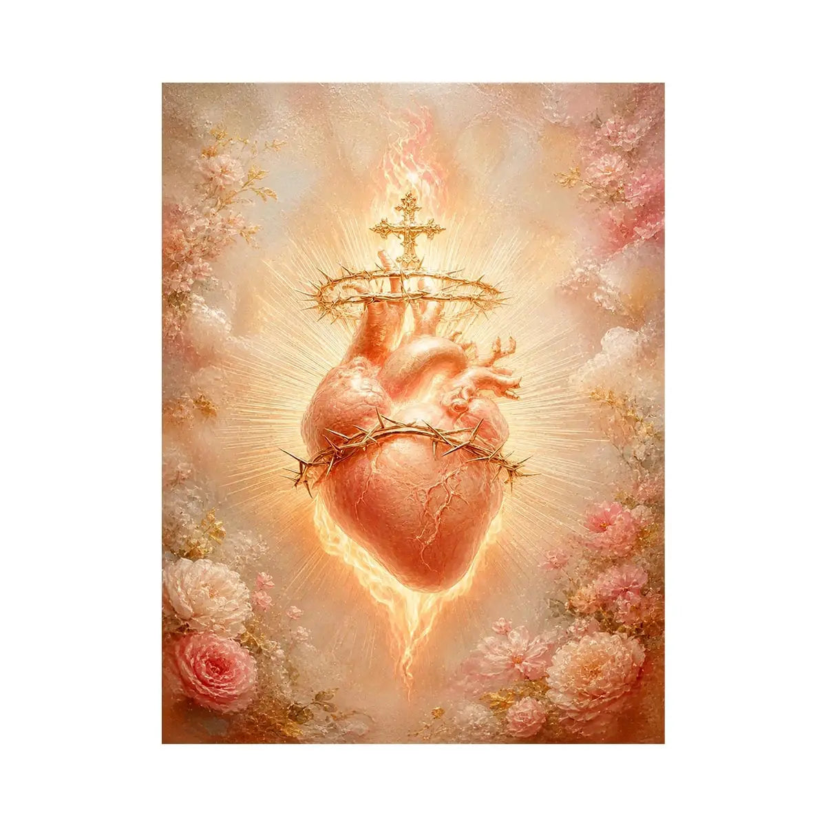Blush Sacred Heart Bloom Blush Sacred Heart surrounded by pink flowers and radiant golden light in romantic renaissance style