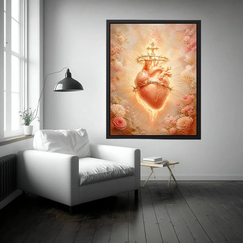 Blush Sacred Heart Bloom Blush Sacred Heart surrounded by pink flowers and radiant golden light in romantic renaissance style