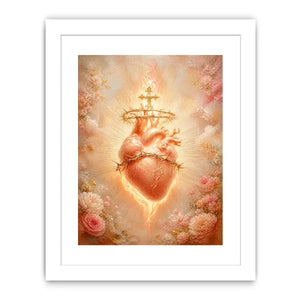 Blush Sacred Heart surrounded by pink flowers and radiant golden light in romantic renaissance style religious wall art canvas print