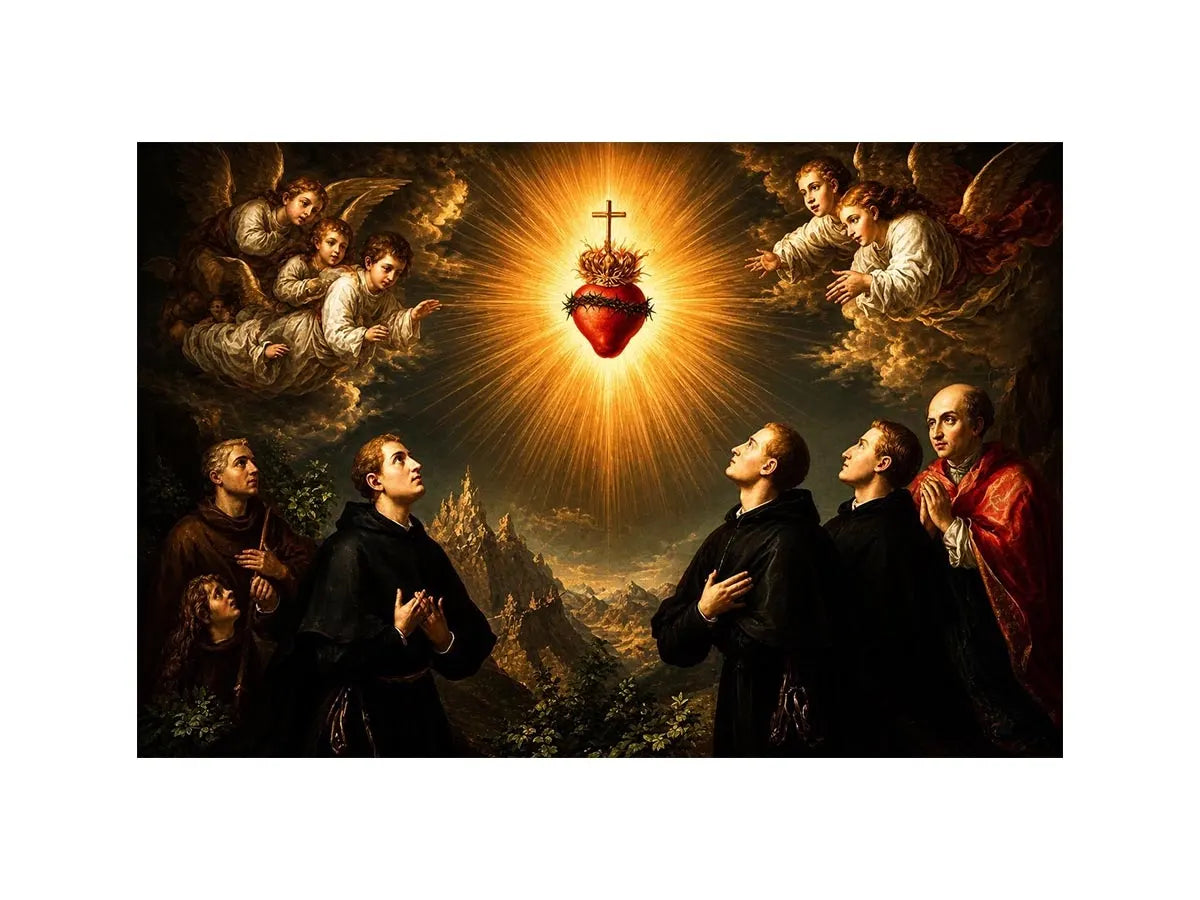 Heavenly Sacred Heart Revelation Radiant Sacred Heart surrounded by angels and saints in heavenly golden light baroque renais