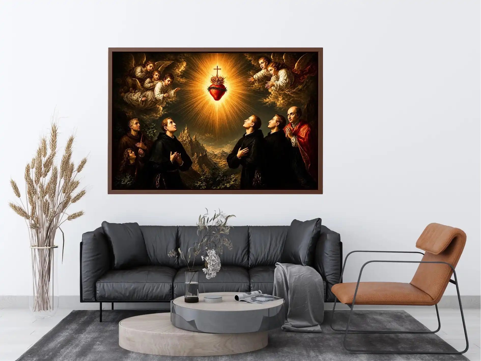 Heavenly Sacred Heart Revelation Radiant Sacred Heart surrounded by angels and saints in heavenly golden light baroque renais