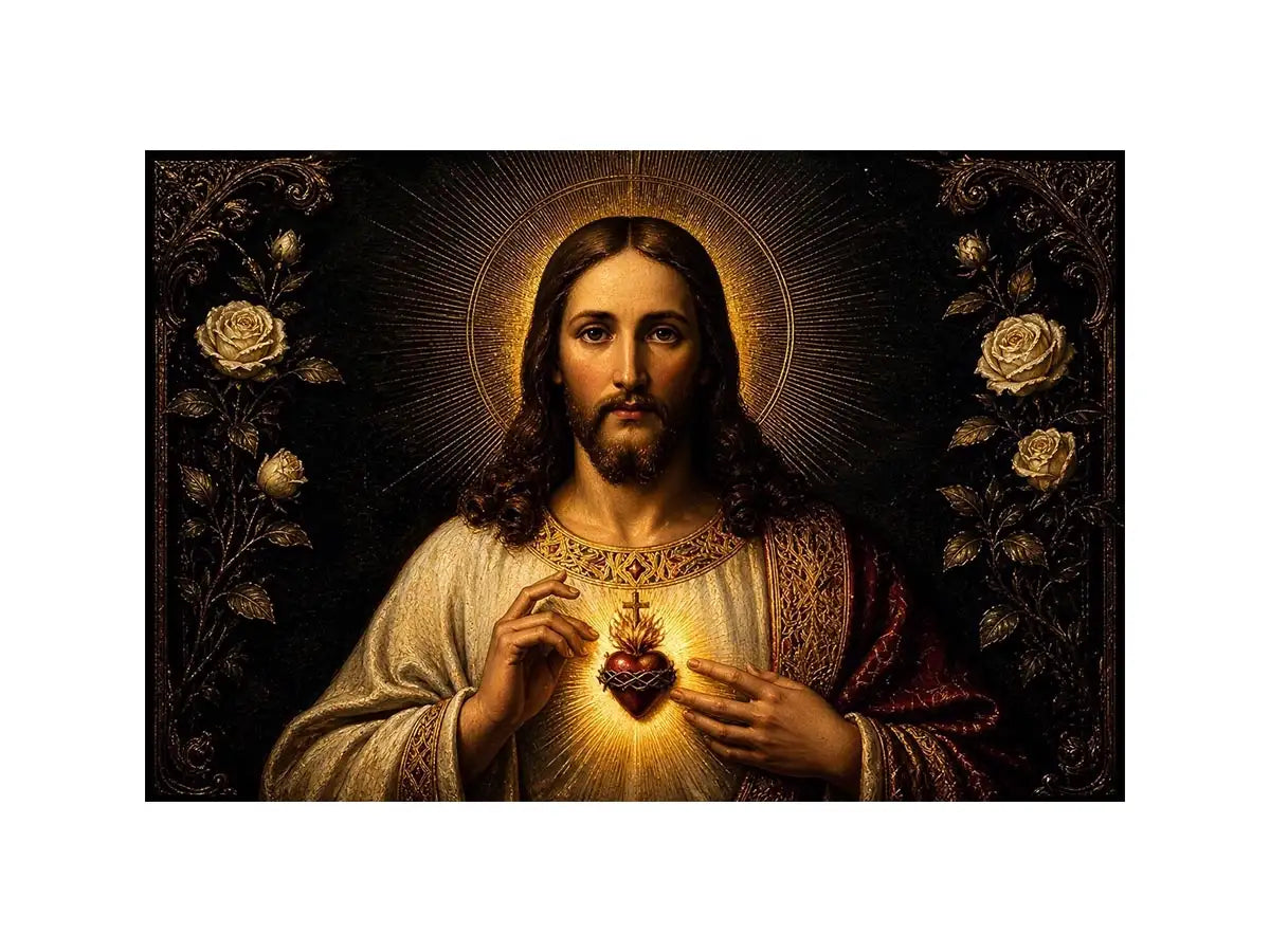 Eternal Sacred Heart Majesty Sacred Heart of Jesus wall art with glowing divine heart and ornate black gold renaissance relig