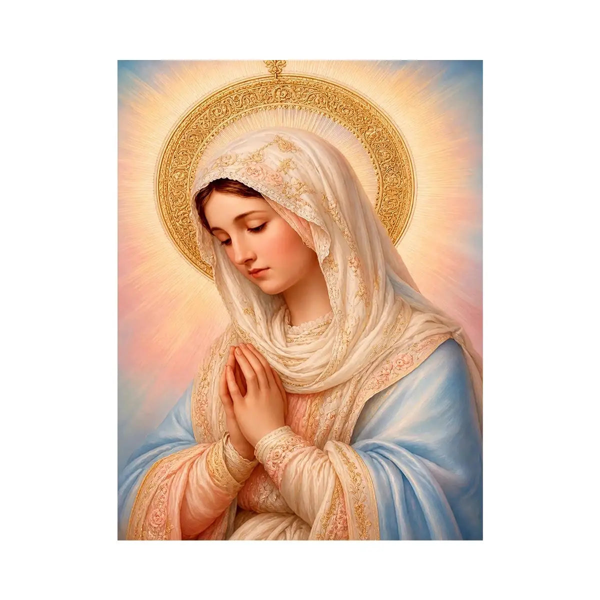 Heavenly Grace Madonna Virgin Mary prayer wall art with golden halo pastel renaissance religious canvas painting for elegant