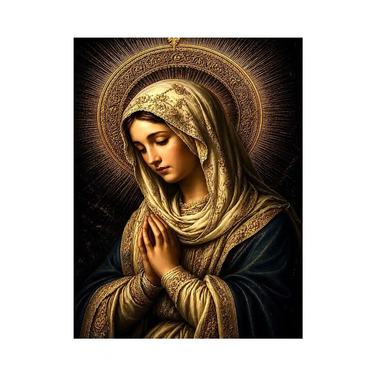 Midnight Madonna Reverence Virgin Mary prayer wall art with glowing gold halo dark renaissance Christian canvas painting for