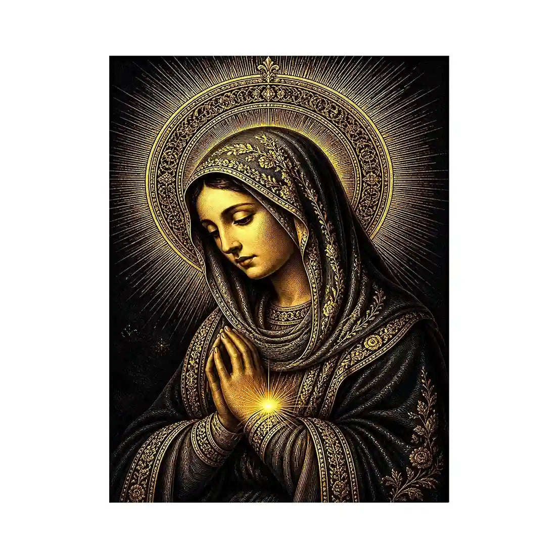 Sacred Midnight Madonna Wall Art Sacred Midnight Madonna wall art featuring Virgin Mary praying with radiant golden halo in b