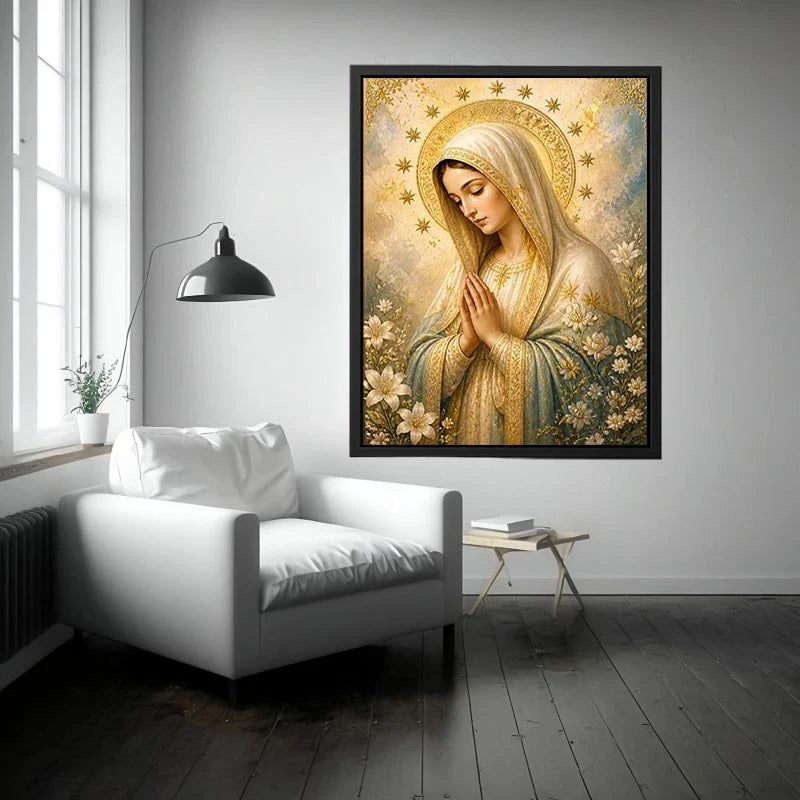 Heavenly Grace Madonna Canvas Heavenly Grace Madonna wall art featuring Virgin Mary praying with gold halo stars and floral d