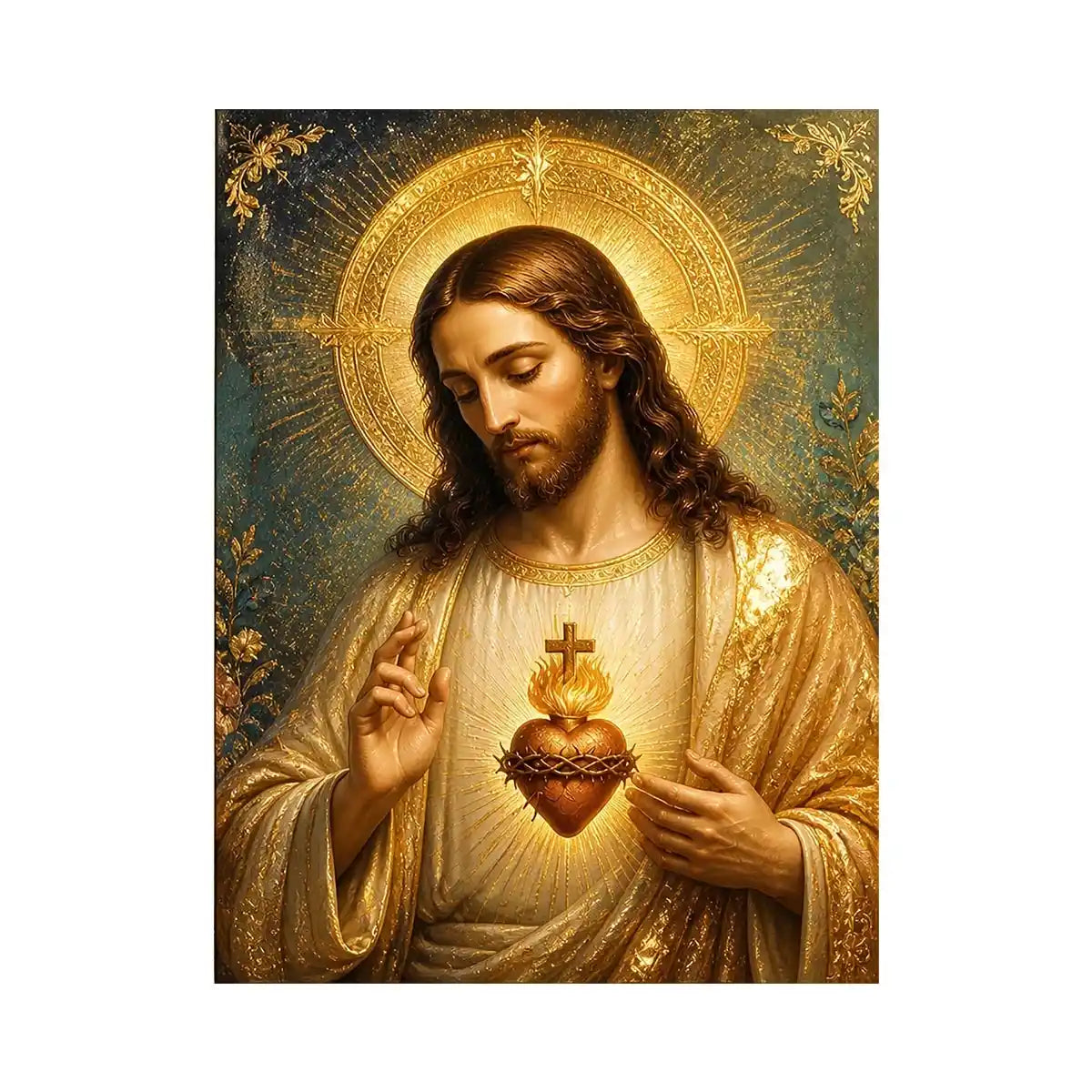 Divine Sacred Heart of Jesus Canvas Divine Sacred Heart of Jesus wall art featuring glowing golden halo and sacred heart in r