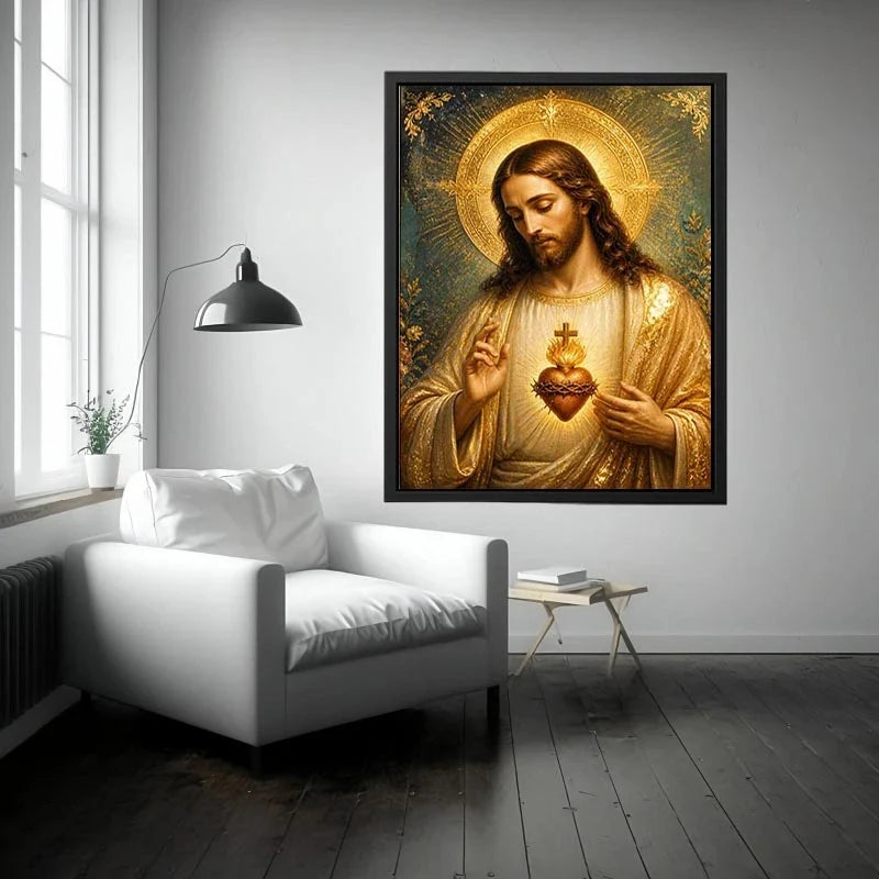 Divine Sacred Heart of Jesus Canvas Divine Sacred Heart of Jesus wall art featuring glowing golden halo and sacred heart in r