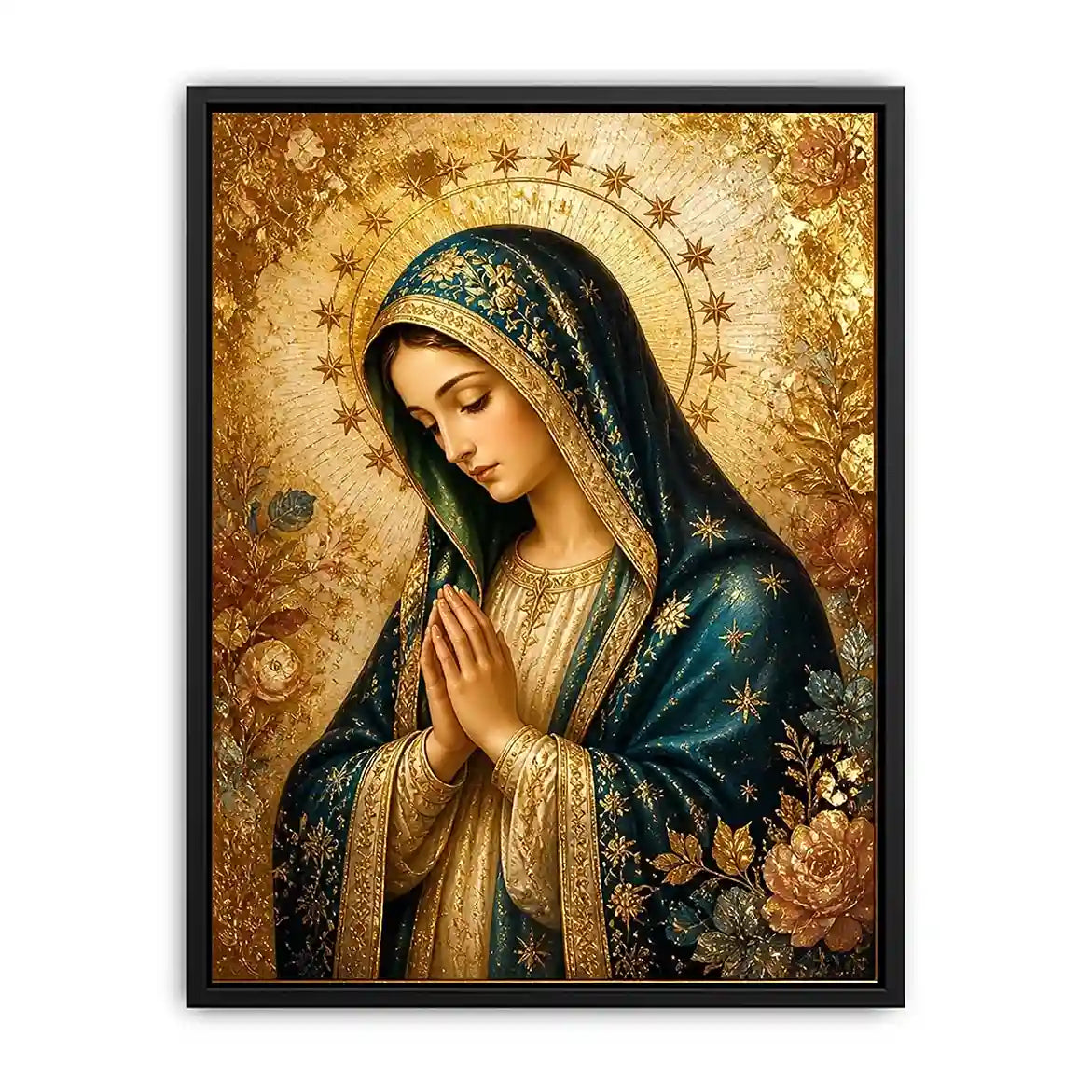 Celestial Madonna Gold Luxury Virgin Mary wall art with gold halo blue robe and celestial floral religious canvas painting pr