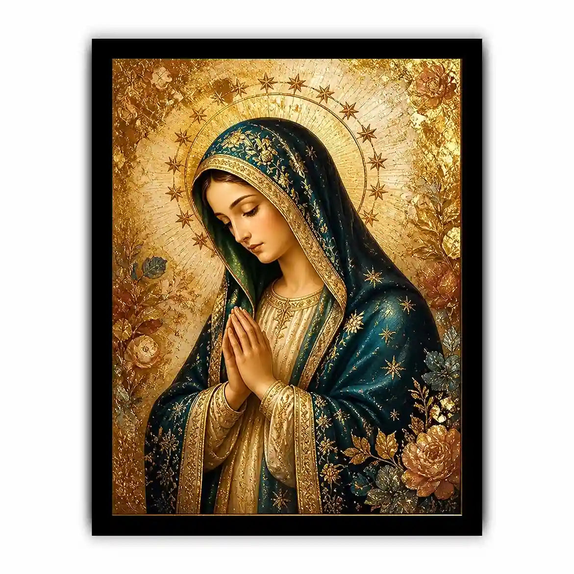 Celestial Madonna Gold Luxury Virgin Mary wall art with gold halo blue robe and celestial floral religious canvas painting pr