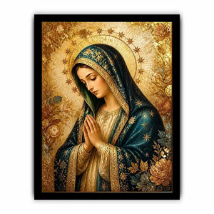 Celestial Madonna Gold Luxury Virgin Mary wall art with gold halo blue robe and celestial floral religious canvas painting pr