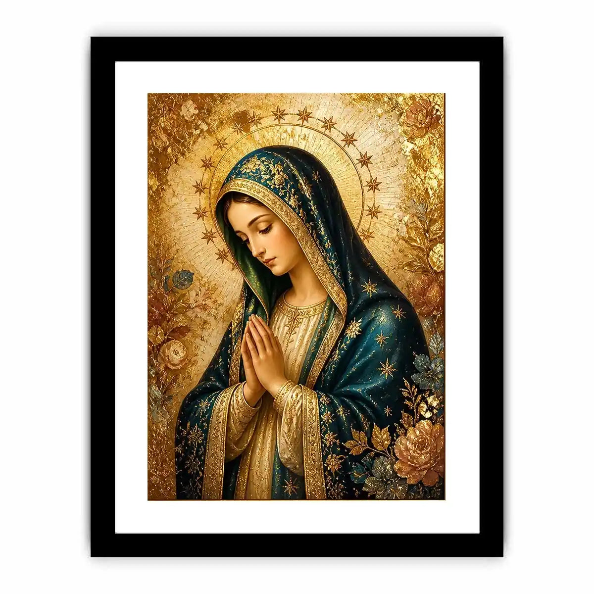 Celestial Madonna Gold Luxury Virgin Mary wall art with gold halo blue robe and celestial floral religious canvas painting pr