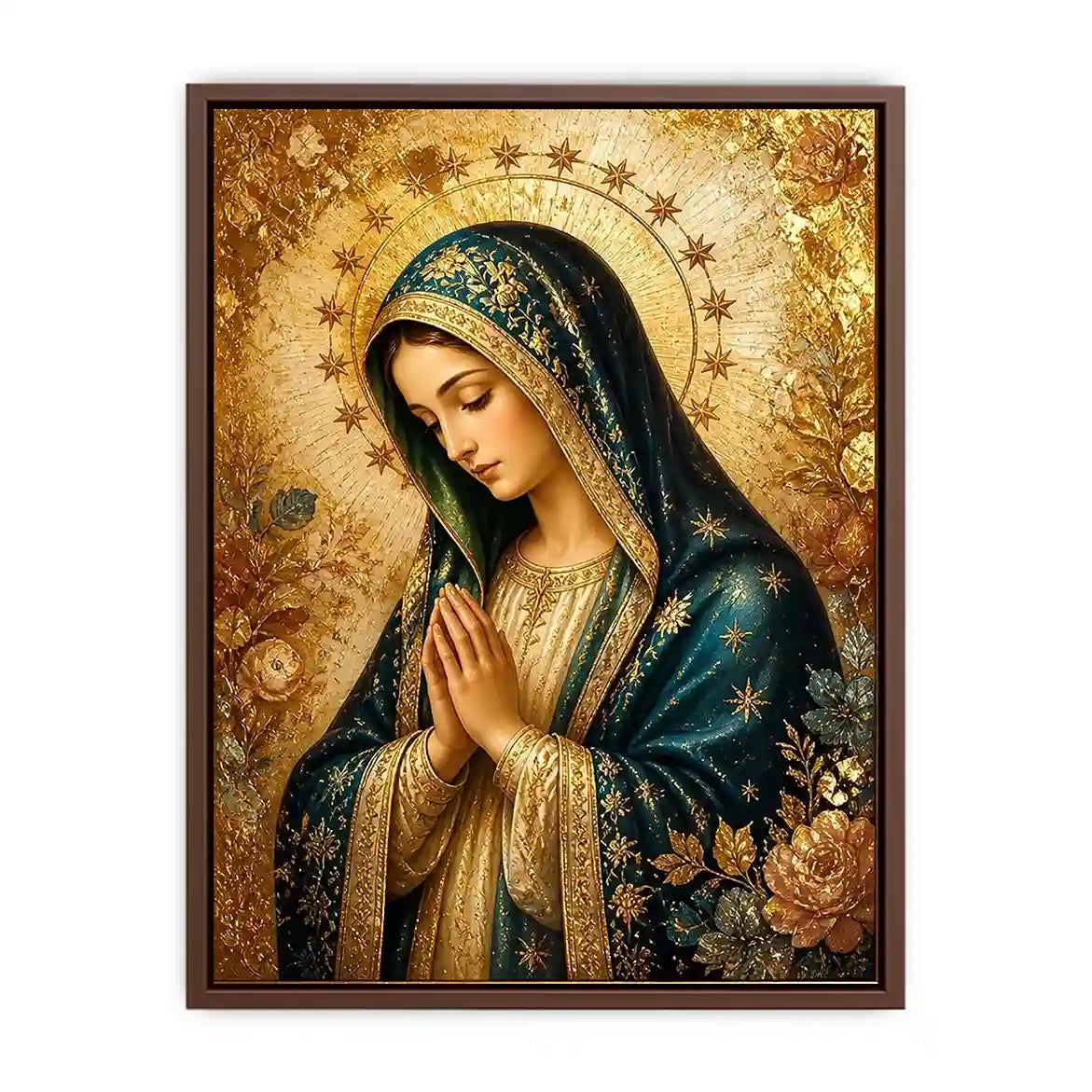 Celestial Madonna Gold Luxury Virgin Mary wall art with gold halo blue robe and celestial floral religious canvas painting pr