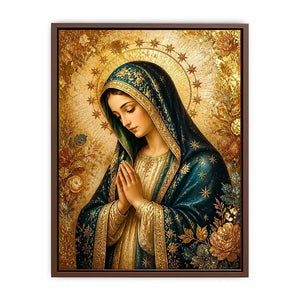 Celestial Madonna Gold Luxury Virgin Mary wall art with gold halo blue robe and celestial floral religious canvas painting pr