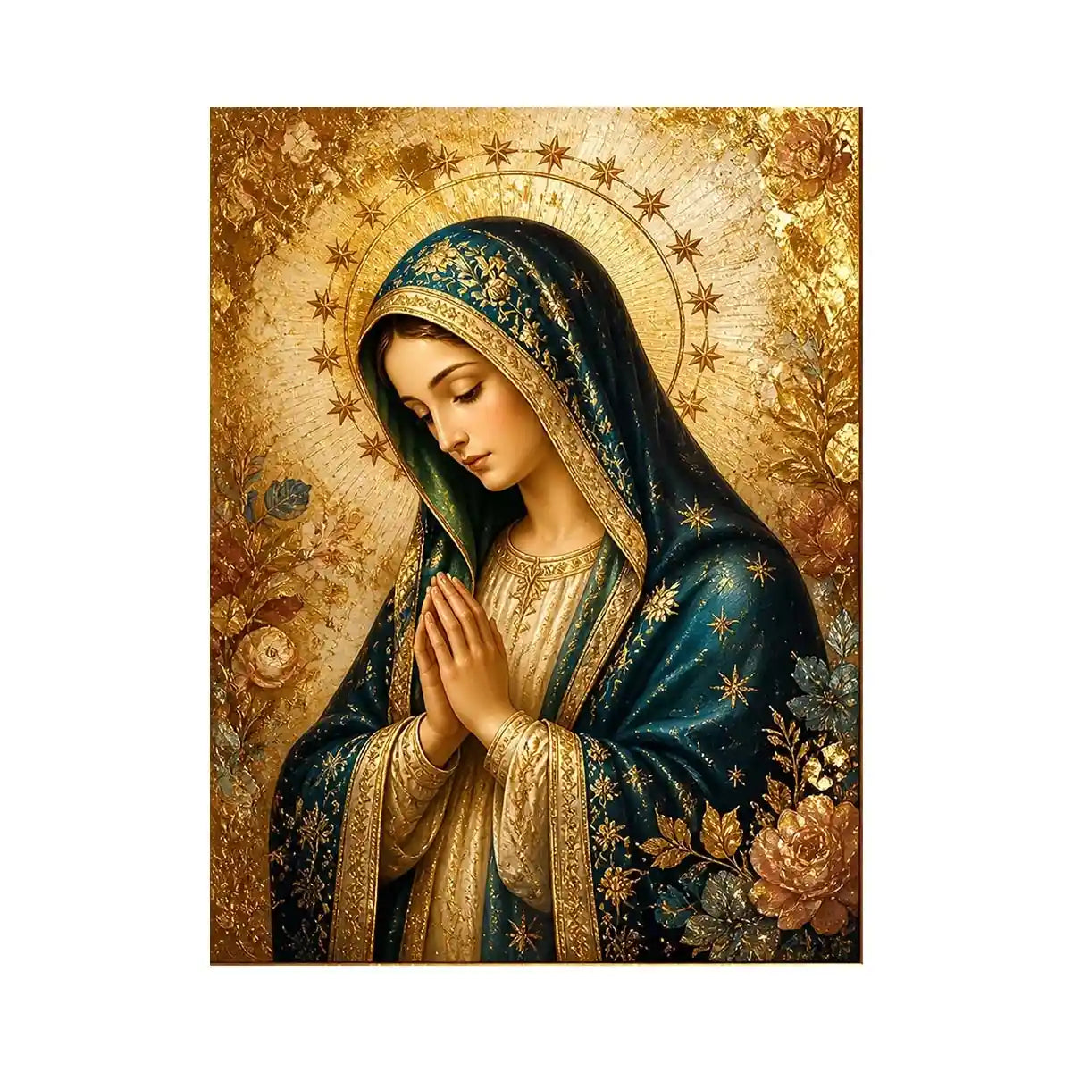 Celestial Madonna Gold Luxury Virgin Mary wall art with gold halo blue robe and celestial floral religious canvas painting pr